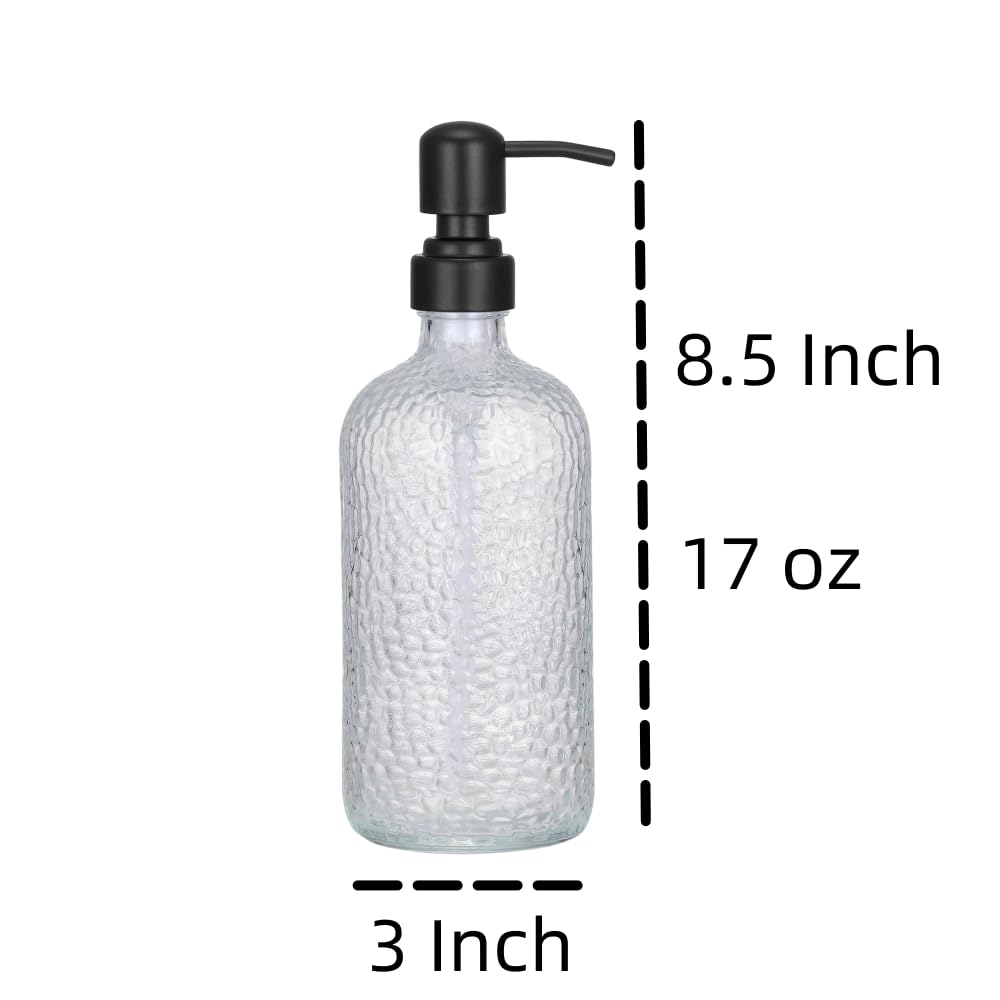 2-Pack Dimpled Finish Clear Glass Soap Dispensers With Matte Black Stainless Steel Pumps, 16 Oz Refillable Bottles For Kitchen &